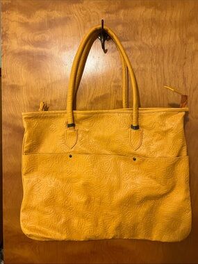 Vintage Embossed Mustard Yellow Tote Bag with Double Handles
